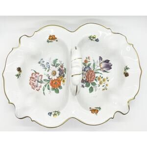 Vtg Gerold Porzellan Serving Dish Divided Floral Garden Design Gold Trim Germany